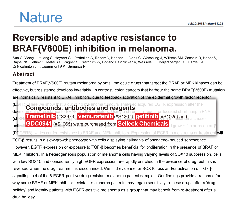 Nature 2014 |  Trametinib, vemurafenib, gefitinib,GDC0941 were purchased from Selleck Chemicals