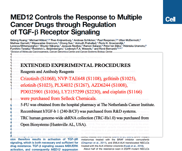Cell | Crizotinib (S1068), NVP-TAE648 (S1108), gefitinib (S1025), erlotinib (S1023), PLX4032 (S1267), AZD6244 (S1008), PD0325901 (S1036), LY2157299 (S2230), and cisplatin (S1166) were purchased from Selleck Chemicals